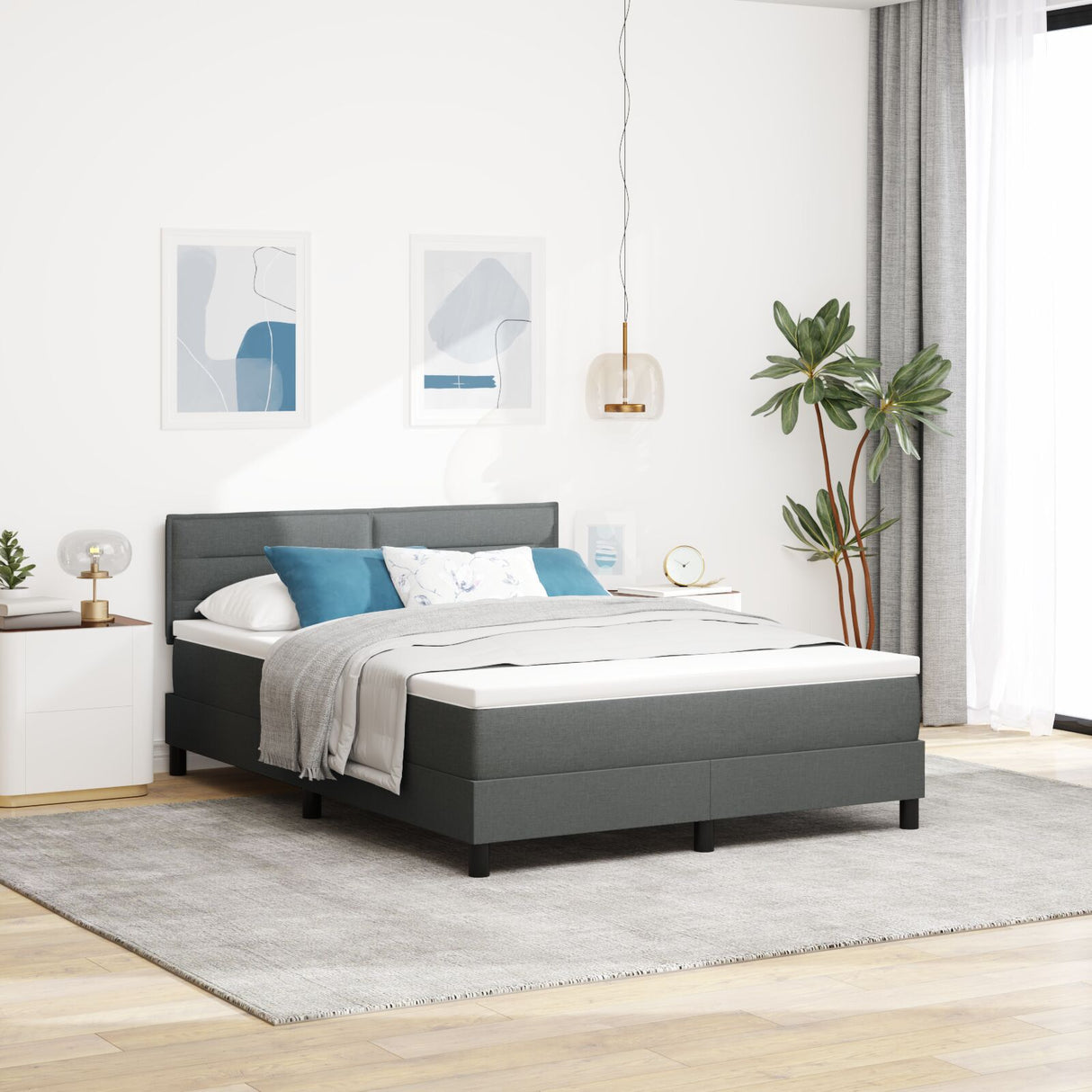 Box Spring Bed With Mattress & Led Dark Grey 140X190 Cm Fabric