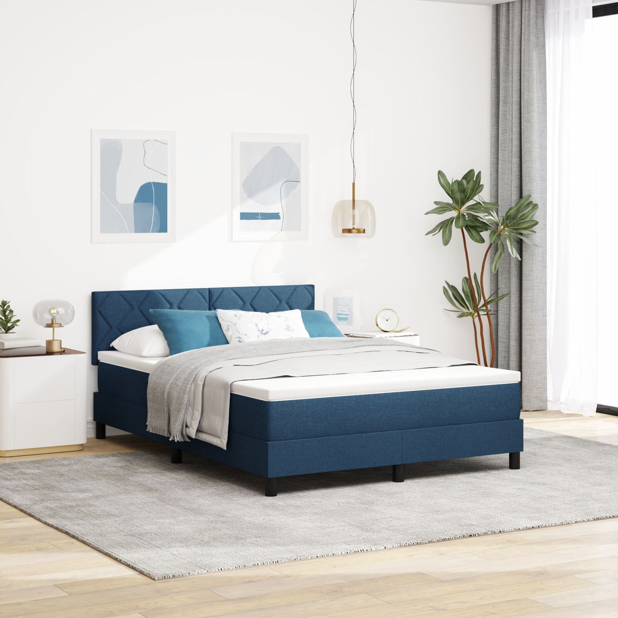 Box Spring Bed With Mattress & Led Blue 160X200 Cm Fabric
