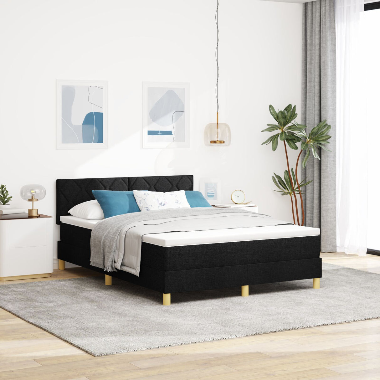 Box Spring Bed With Mattress & Led Black 140X200 Cm Fabric