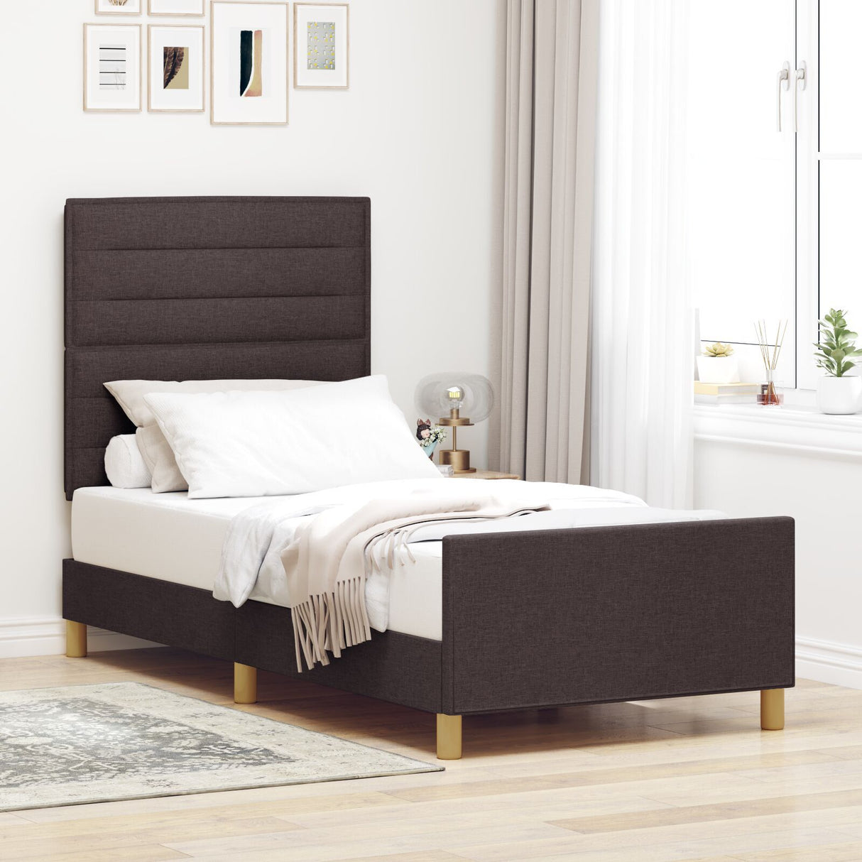 Bed Frame In Dark Brown, 90X190 Cm, Fabric