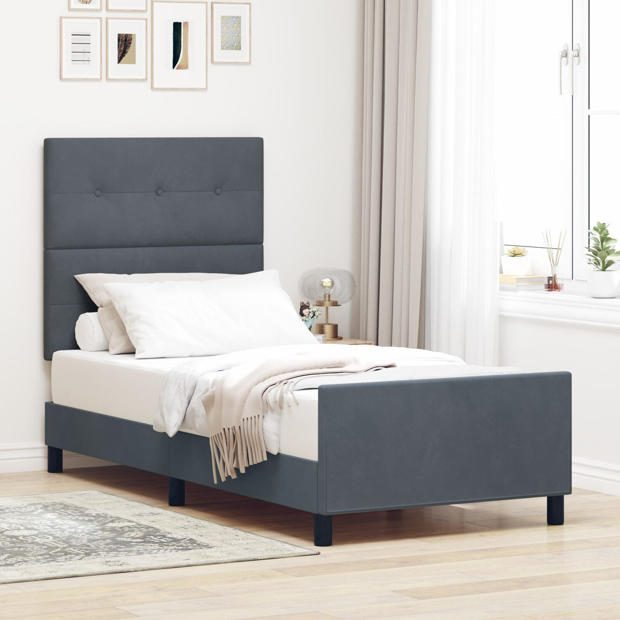Bed Frame In Dark Grey, 100X200 Cm, Made Of Velvet
