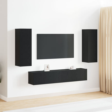 4 Piece Tv Cabinet Set Wall-Mounted Black Oak Engineered Wood,  Black Oak Tv Stand 80X30X30 Cm Made Of Engineered Wood,  Wall-Mounted Tv Cabinets - 2 Pcs Black Oak, 30.5X30X90 Cm, Made From Engineered Wood