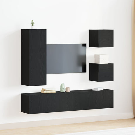 6 Piece Tv Cabinet Set Black Oak Engineered Wood,  Wall Mounted Tv Cabinets 2 Pcs Black Oak 30.5X30X30 Cm,  Wall-Mounted Tv Cabinet In Black Oak - 30.5X30X90 Cm, Made Of Engineered Wood,  Black Oak Tv Stand 80X30X30 Cm Made Of Engineered Wood