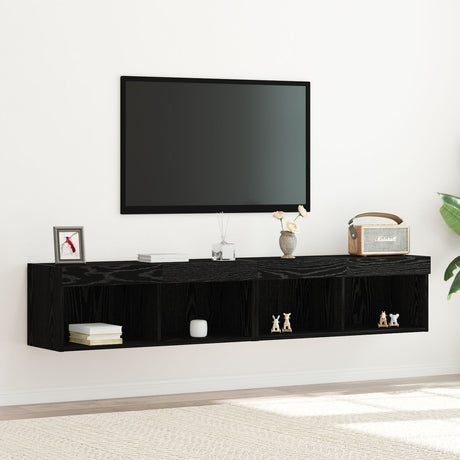 Tv Wall Cabinets With Led Lights 2 Pcs Black Oak 80X30X30 Cm