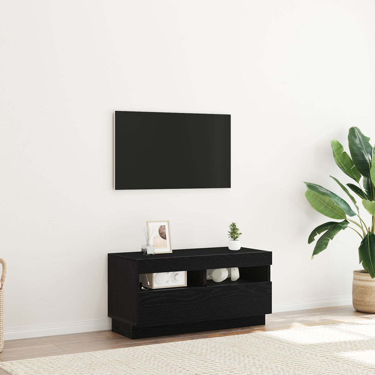 Tv Cabinet With Led Lights - Black Oak, 80X35X40 Cm, Made Of Engineered Wood