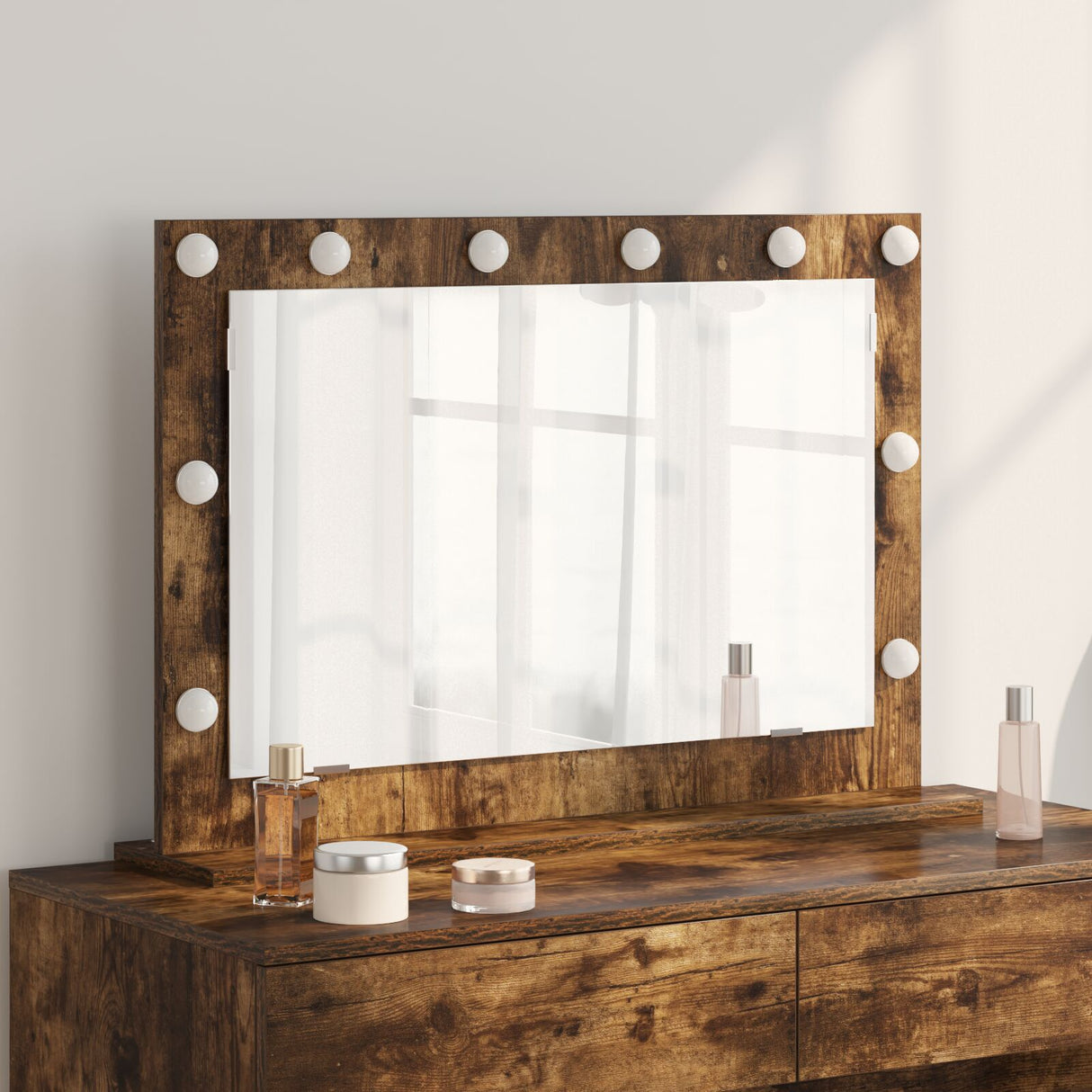 Vanity Mirror Smoked Oak Wood And Glass 80 X 55 X 18 Cm Mirror