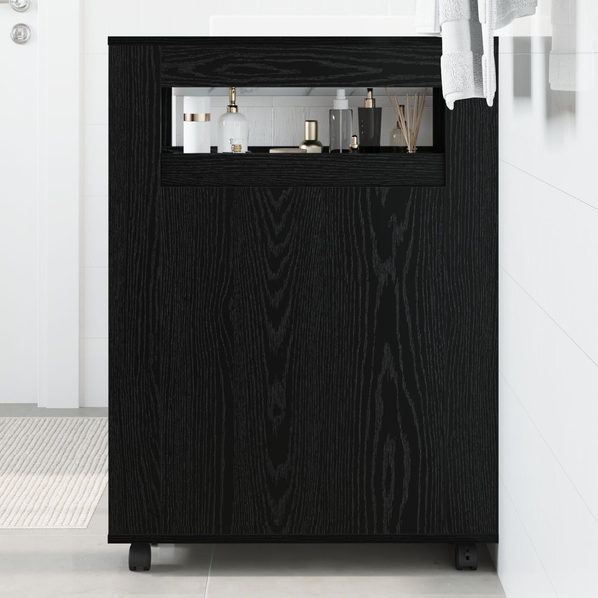 Narrow Bathroom Cabinet With Wheels Black Oak Engineered Wood