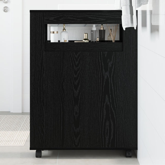 Narrow Bathroom Cabinet With Wheels Black Oak Engineered Wood