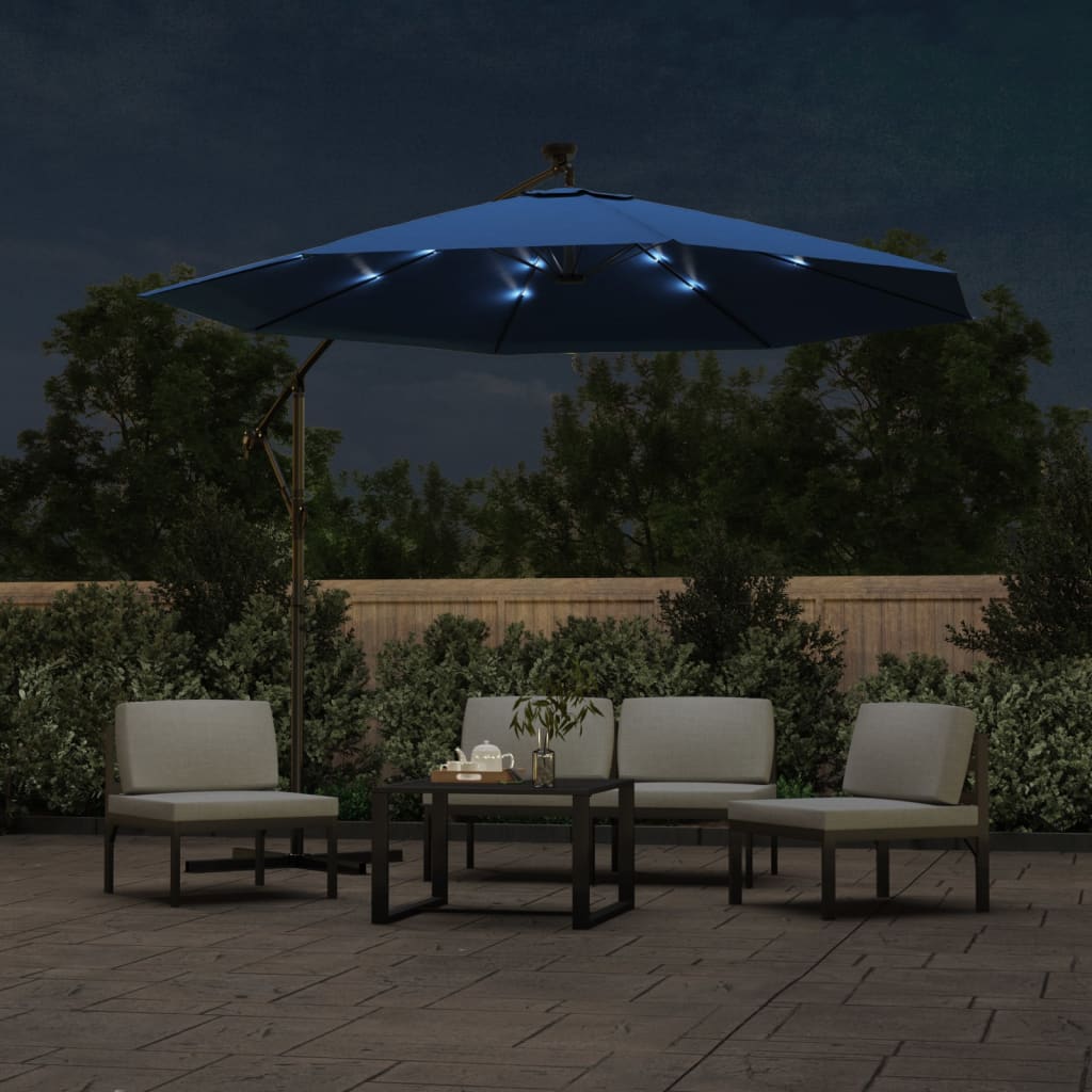 Cantilever Garden Parasol with LED Lights and Steel Pole 300 cm Azure