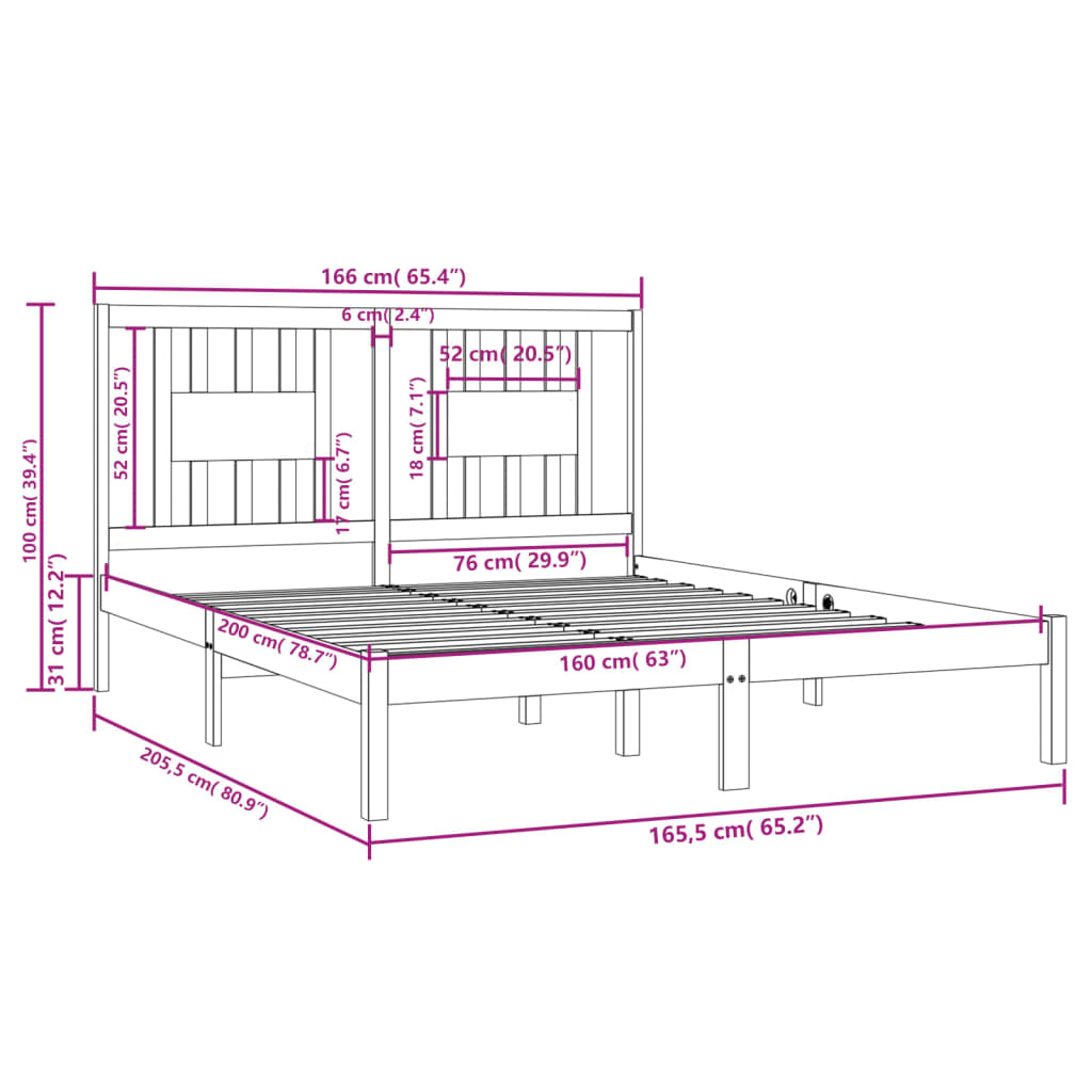 3104074 vidaXL Bed Frame without Mattress White Solid Wood 160x200 cm (810028+818681)