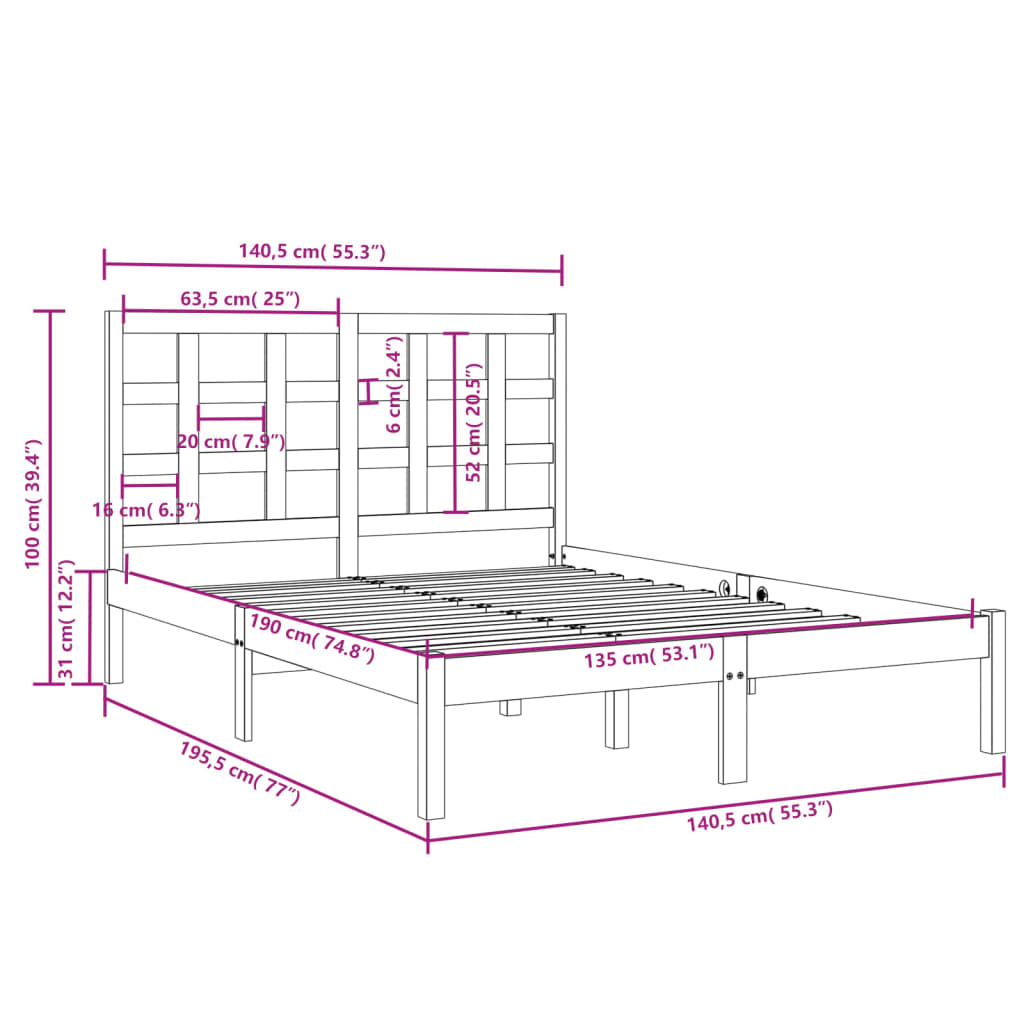Bed Frame without Mattress White 135x190 cm Double Solid Wood