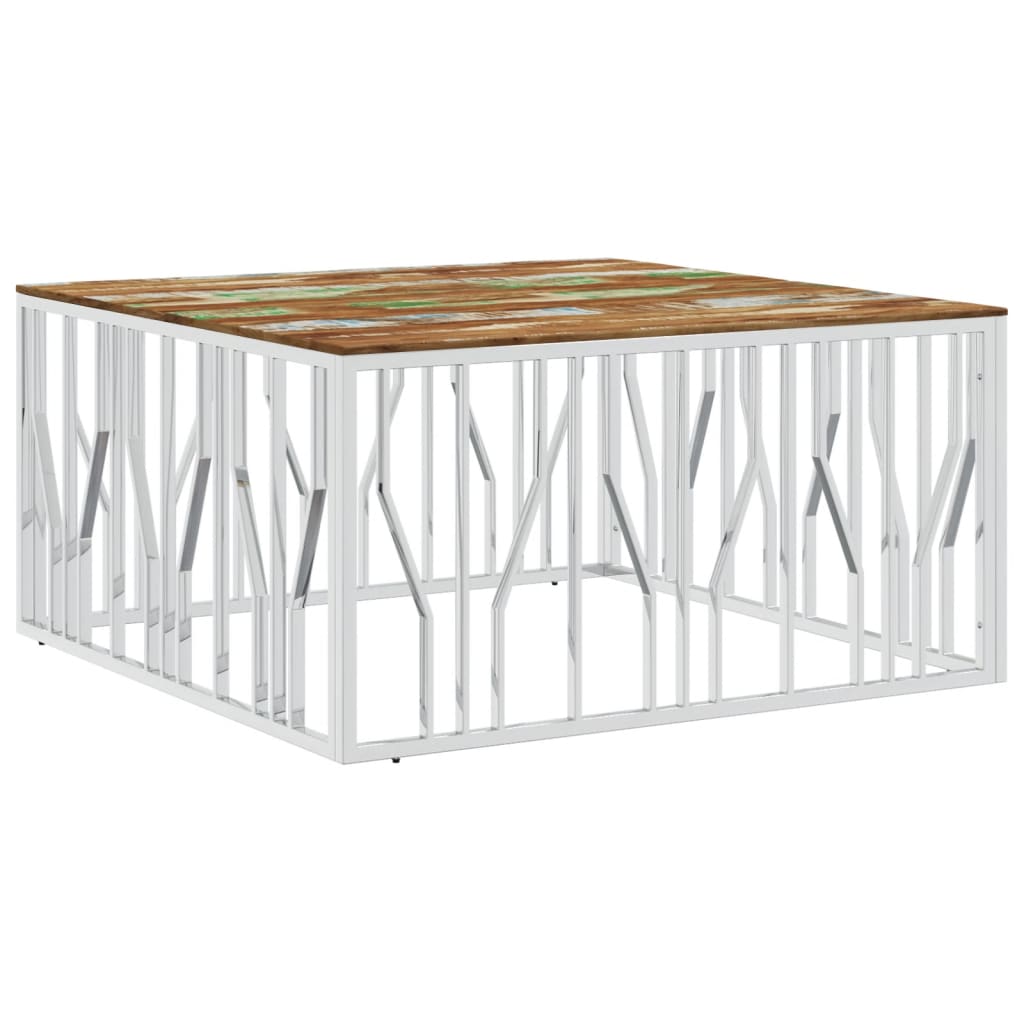 Coffee Table Silver Stainless Steel and Solid Wood Reclaimed