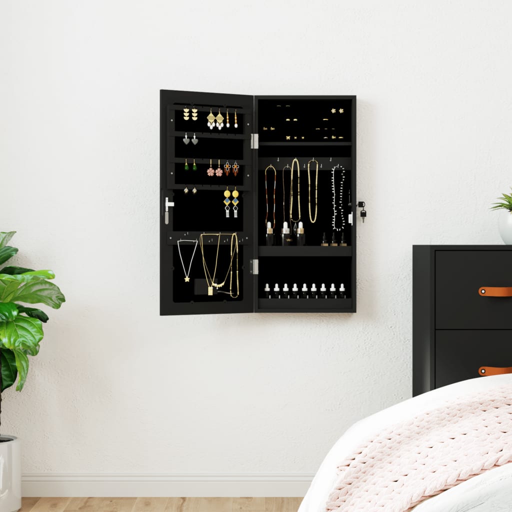 Mirror Jewellery Cabinet with LED Lights Wall Mounted Black