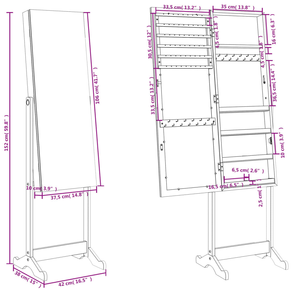 Mirror Jewellery Cabinet Free Standing 42x38x152 cm