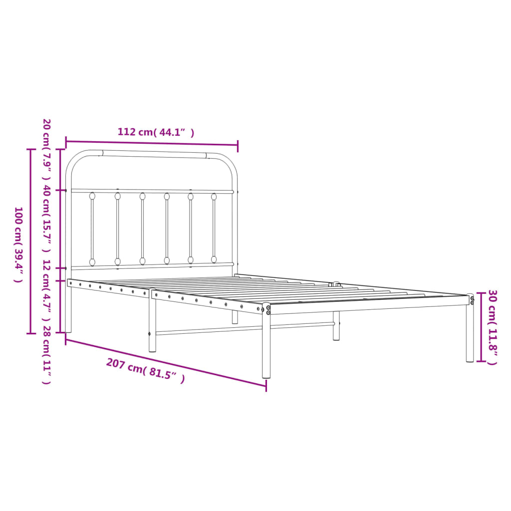 Metal Bed Frame without Mattress with Headboard Black 107x203cm