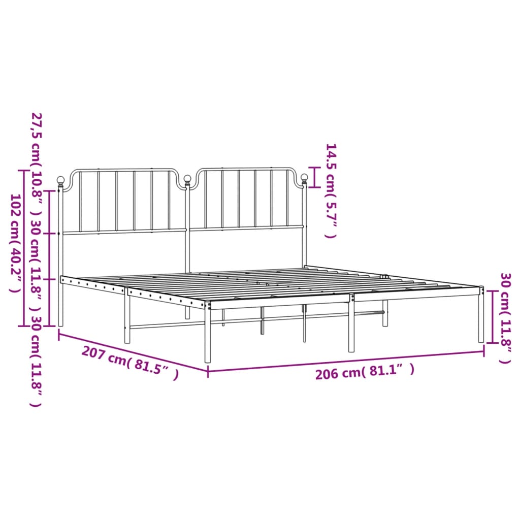 Metal Bed Frame without Mattress with Headboard Black 200x200cm